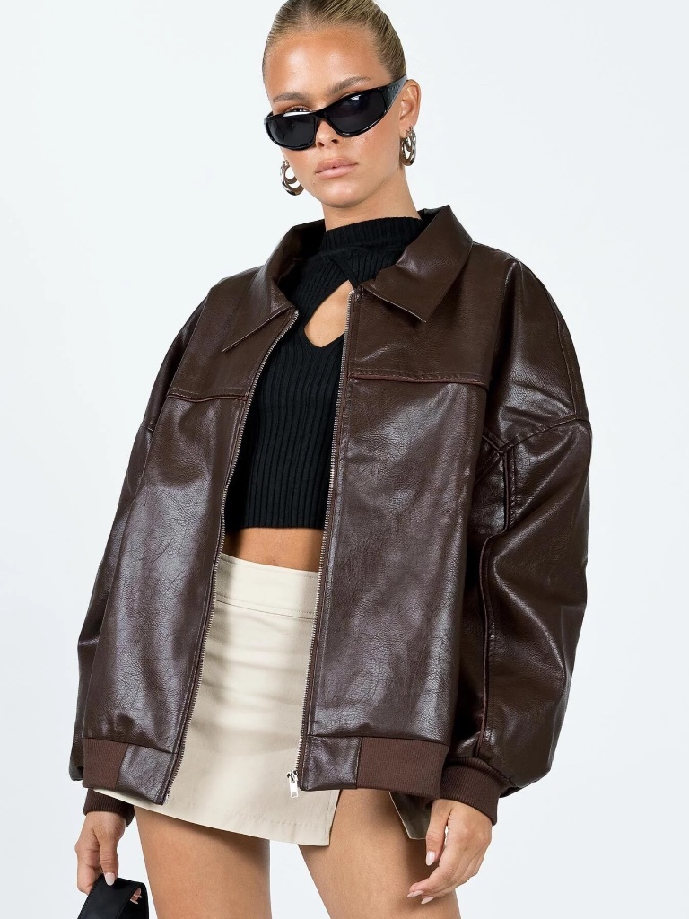 Princess Polly Goldsmith Faux Leather Bomber Jacket In Brown, Size 8